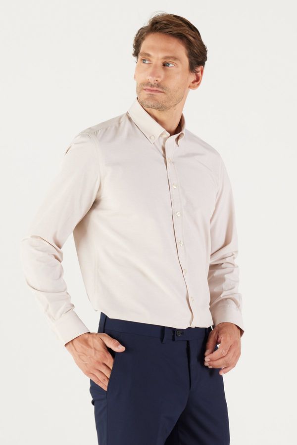 AC&Co / Altınyıldız Classics AC&Co / Altınyıldız Classics Men's Beige Slim Fit Slim-fit Oxford Buttoned Collar Gingham Cotton Shirt