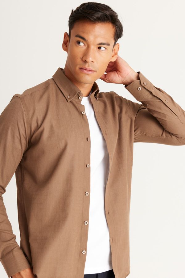 AC&Co / Altınyıldız Classics AC&Co / Altınyıldız Classics Men's Brown Tailored Slim Fit Buttoned Collar Linen Look 100% Cotton Flamed Shirt