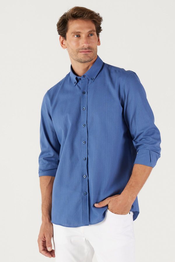 AC&Co / Altınyıldız Classics AC&Co / Altınyıldız Classics Men's Indigo Slim Fit Buttoned Collar Linen Look 100% Cotton Flared Shirt