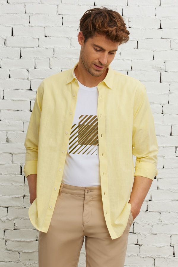 AC&Co / Altınyıldız Classics AC&Co / Altınyıldız Classics Men's Yellow Comfort Fit Relaxed Cut Concealed Button Collar 100% Cotton Flamed Shirt