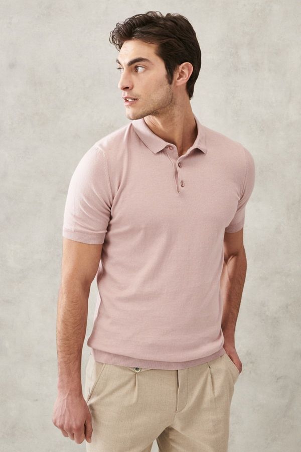 ALTINYILDIZ CLASSICS ALTINYILDIZ CLASSICS Men's Dusty Rose Standard Fit Regular Cut 100% Cotton Polo Neck Knitwear T-Shirt