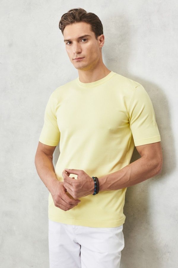 ALTINYILDIZ CLASSICS ALTINYILDIZ CLASSICS Men's Light Yellow Standard Fit Normal Cut Crew Neck Plain Knitwear T-Shirt
