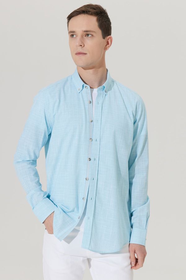 ALTINYILDIZ CLASSICS ALTINYILDIZ CLASSICS Men's Turquoise Slim Fit Slim Fit Buttoned Collar Linen-Looking 100% Cotton Flared Shirt.