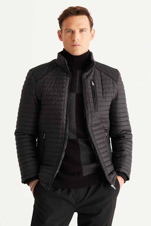 ALTINYILDIZ CLASSICS ALTINYILDIZ CLASSICS Мъжки черен стандарт годни редовни нарязани стойка яка рамото подробни зимно палто