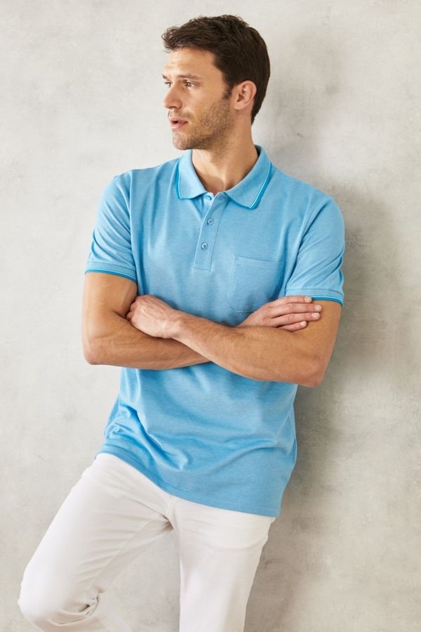 AC&Co / Altınyıldız Classics ALTINYILDIZ CLASSICS Мъжки несвиващ се памучен плат Редовен годни Wide Cut Blue Anti-roll Polo яка с джобове тениска.