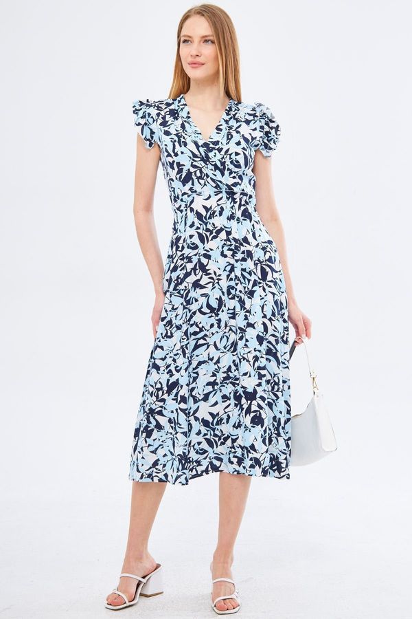 armonika armonika Women's Baby Blue Miden Dress Double Breasted Collar Shoulder Ruffle Detailed Elastic Waist Midi Length