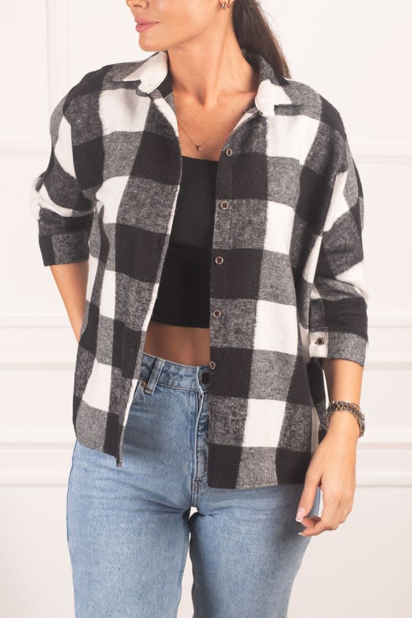 armonika armonika Women's Black and White Square Patterned Loose Shirt