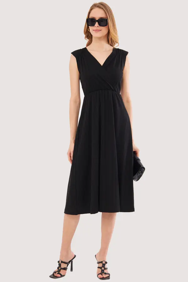 armonika armonika Women's Black Lined Double Breasted Neck Midi Length Dress With Elastic Waist And Shoulder Skirt