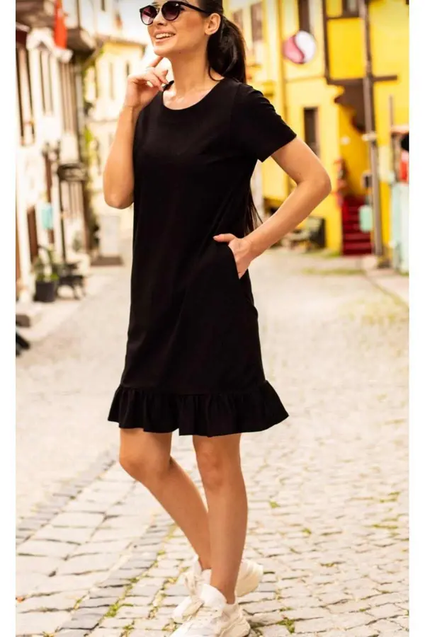 armonika armonika Women's Black Short Sleeve Six Ruffle Dress
