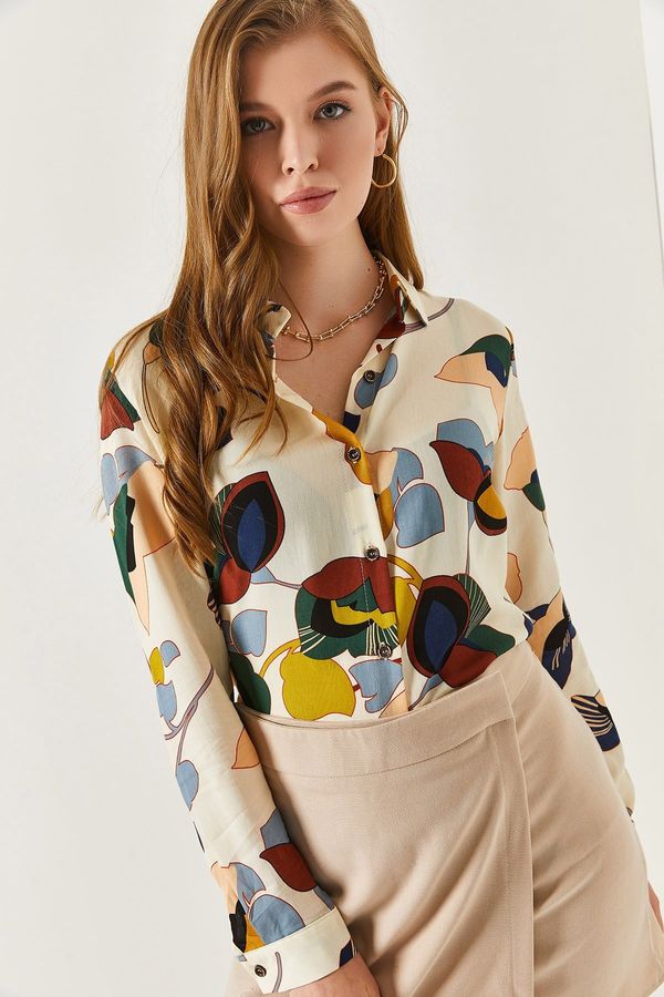 armonika armonika Women's Cream Patterned Long Sleeve Shirt