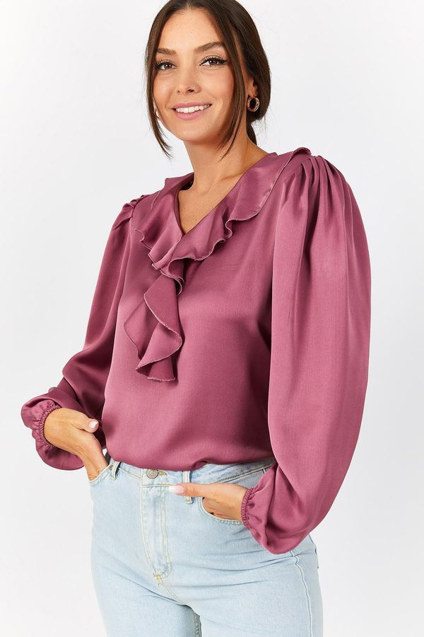 armonika armonika Women's Dry Rose Collar Frilly Cotton Satin Blouse with Gathered Shoulders and Elasticated Sleeves