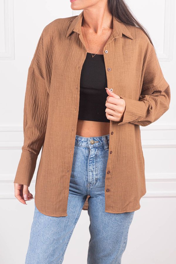 armonika armonika Women's Light Brown Oversize Textured Linen Look Wide Cuff Shirt