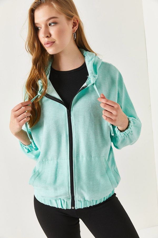 armonika armonika Women's Light Green Hooded Zippered Oversize Sweatshirt