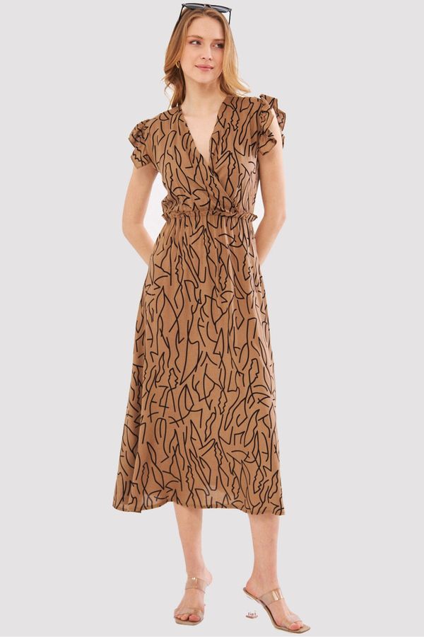 armonika armonika Women's Mink Midi Dress Double Breasted Collar Ruffle Detail on the Shoulder Elastic Waist Midi Length