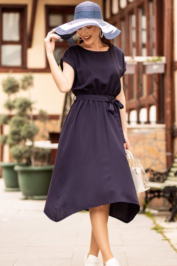 armonika armonika Women's Navy Blue Round Neck Tie Waist Dress