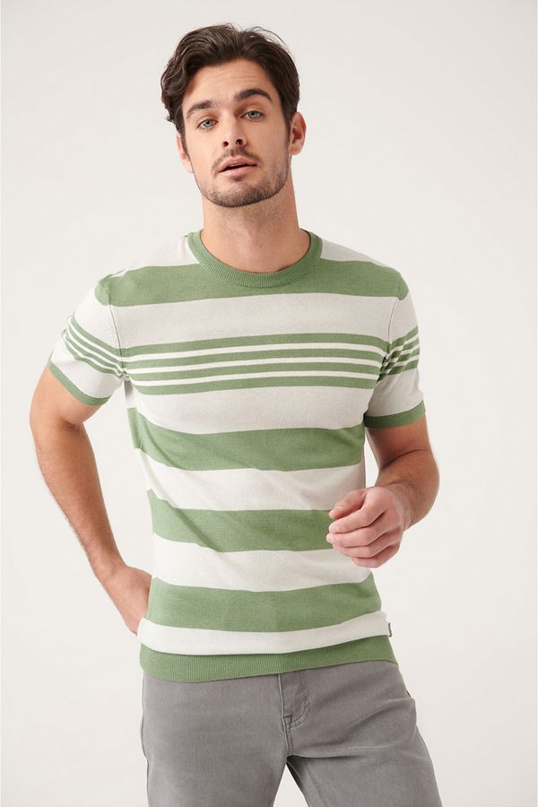 Avva Avva Men's Aquatic Green Crew Neck Ribbed Striped Slim Fit Slim Fit Sweater T-shirt