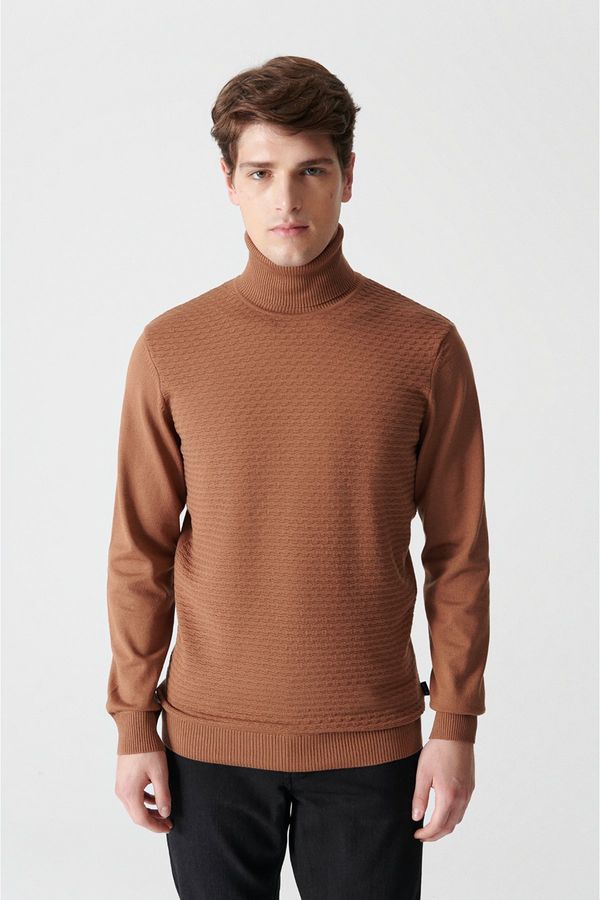 Avva Avva Men's Camel Turtleneck Jacquard Sweater