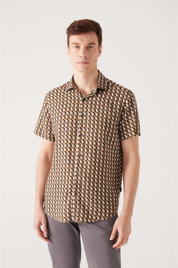 Avva Avva Men's Khaki Geometric Pattern Viscose Shirt
