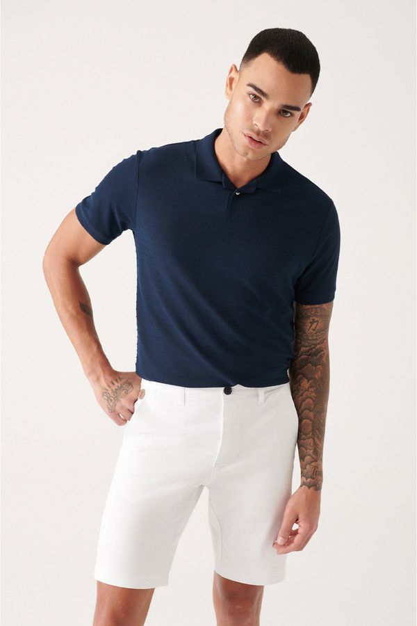 Avva Avva Men's Navy Blue 100% Cotton Jacquard Polo Neck Regular Fit T-shirt
