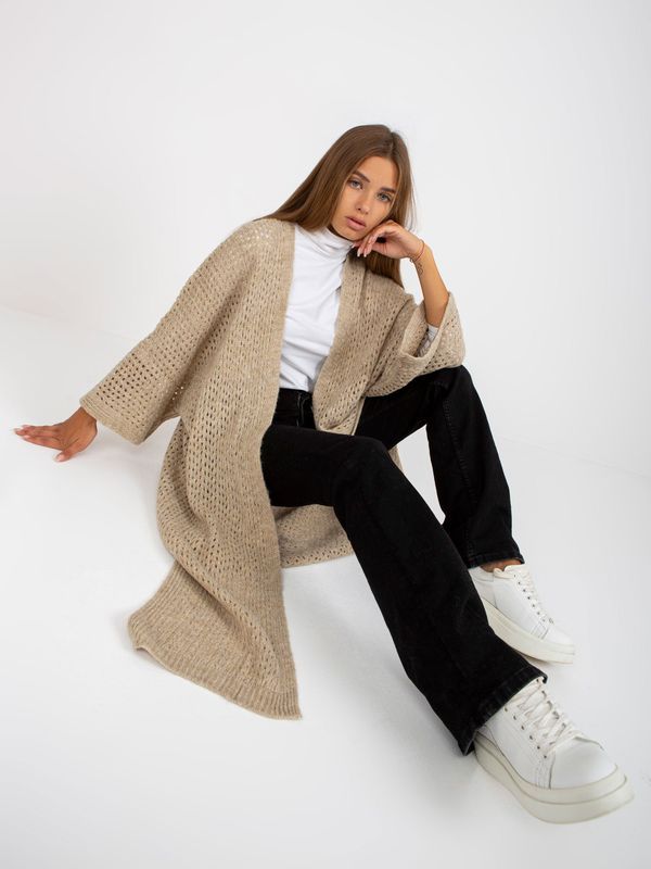 Fashionhunters Beige long openwork cardigan with OCH BELLA wool