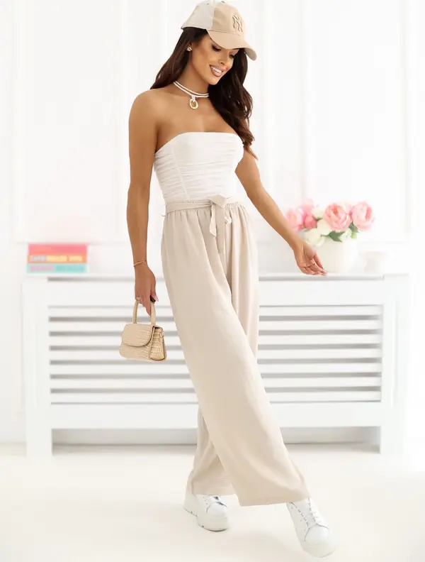 Factory Price Бежов широк панталон с еластична талия