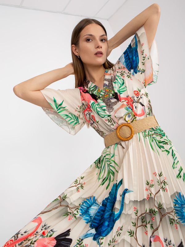 Italy Moda Бежова миди рокля с щампи и деколте с клъч