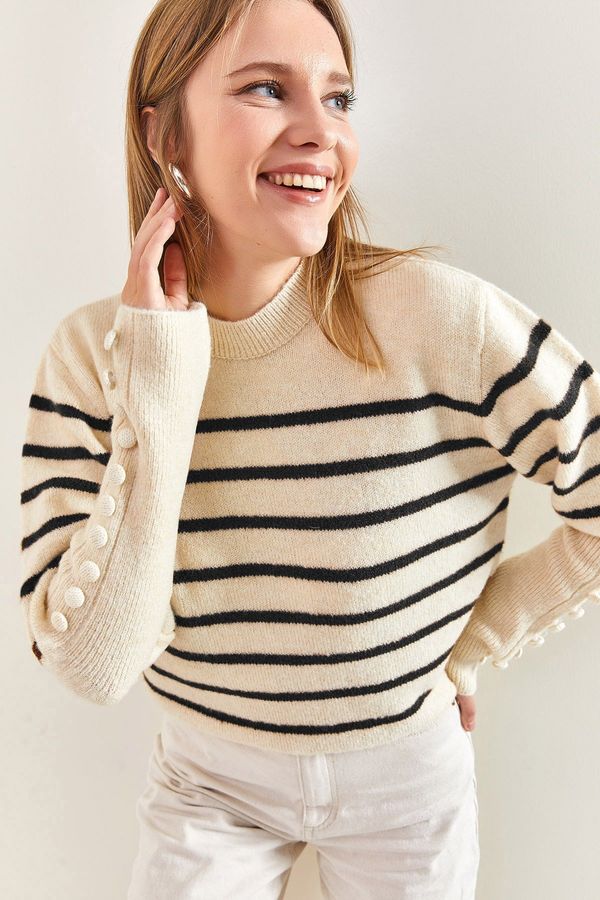 Bianco Lucci Bianco Lucci Дамски раиран трикотажен пуловер с копчета за ръкавели