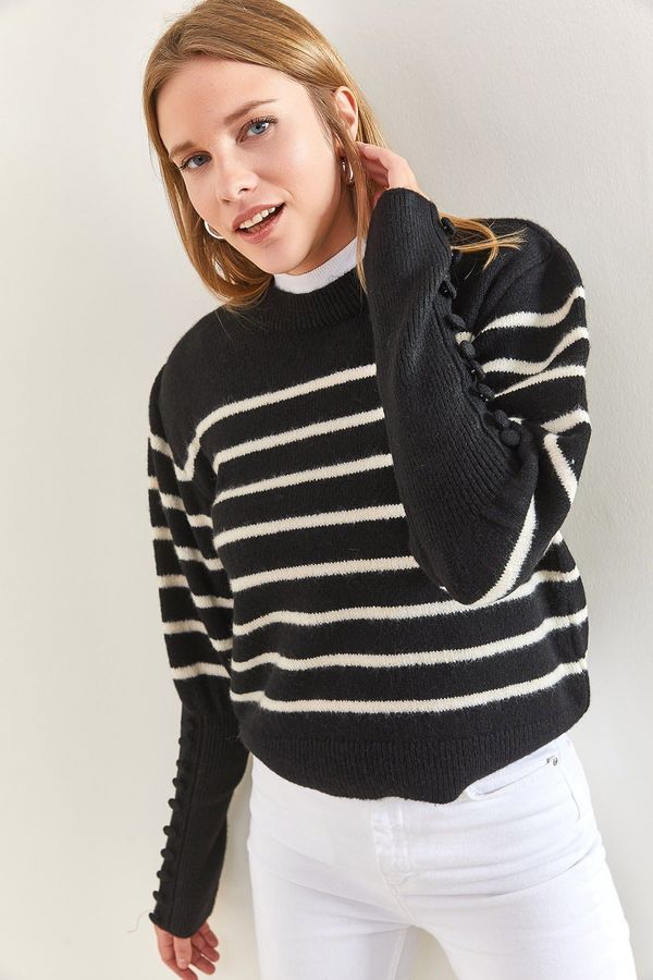 Bianco Lucci Bianco Lucci Дамски раиран трикотажен пуловер с копчета за ръкавели