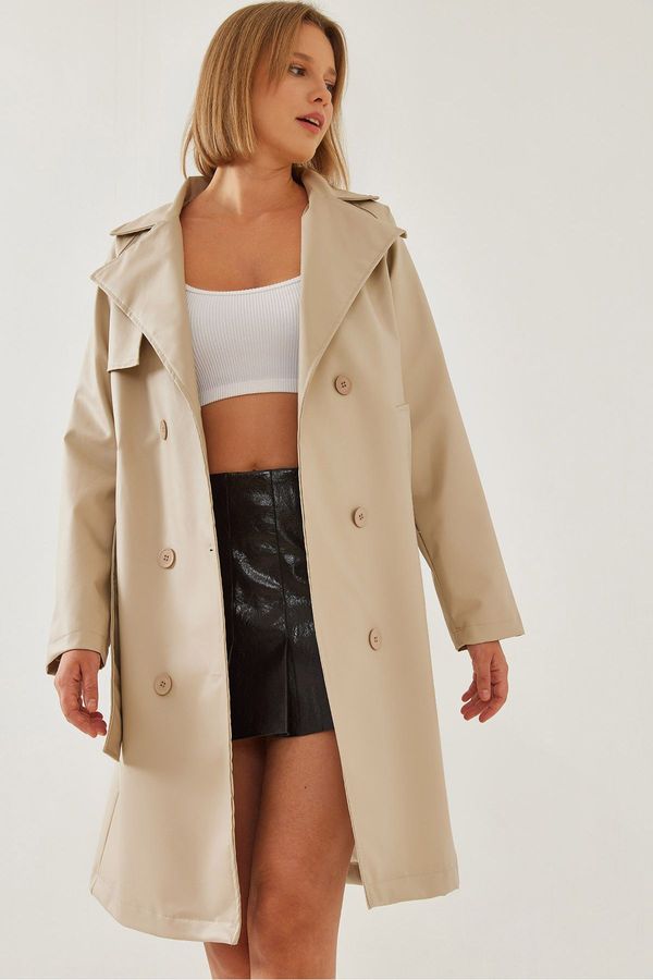 Bianco Lucci Bianco Lucci Women's 6 Button Belted Long Leather Trench Coat 2246