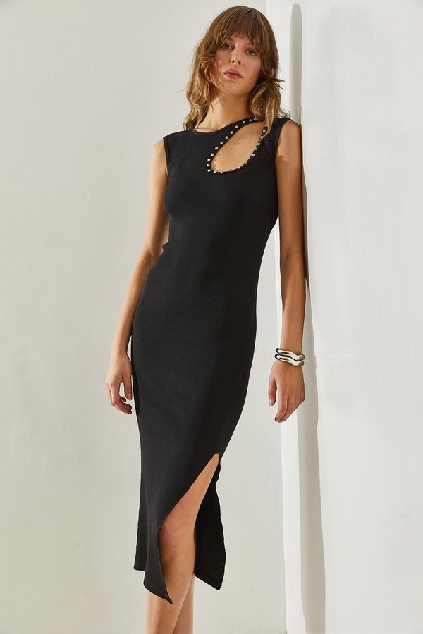 Bianco Lucci Bianco Lucci Women's 6011 Dress with Stone Detail on the Collar, Strap and Slit