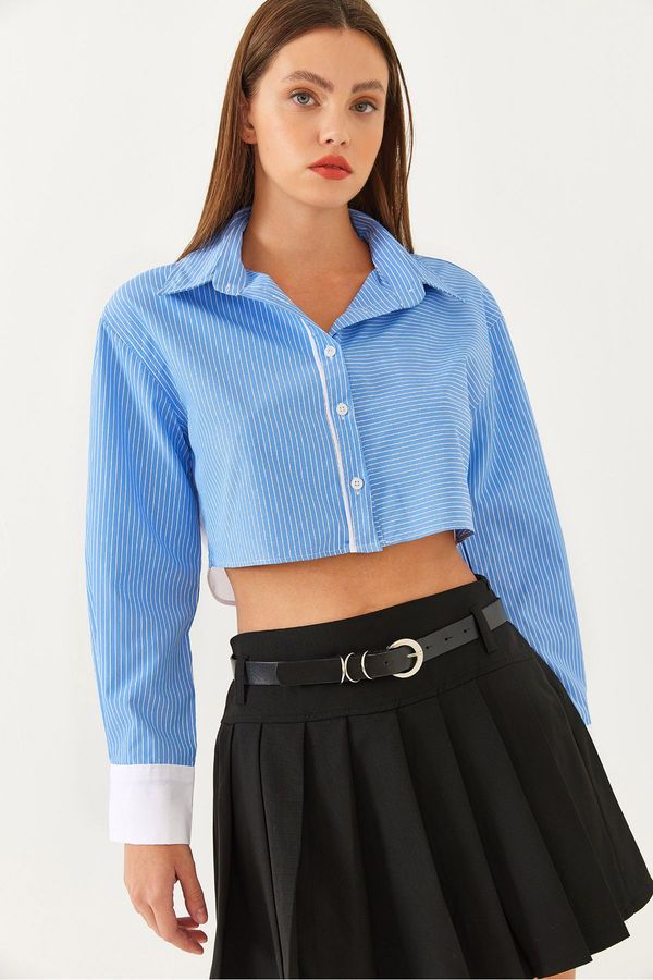 Bianco Lucci Bianco Lucci Women's Asymmetric Striped Cuff Detail Crop Shirt 4451