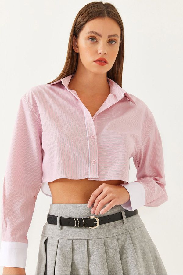Bianco Lucci Bianco Lucci Women's Asymmetric Striped Cuff Detail Crop Shirt 4451
