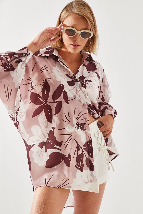 Bianco Lucci Bianco Lucci Women's Back Long Floral Patterned Shirt 22141