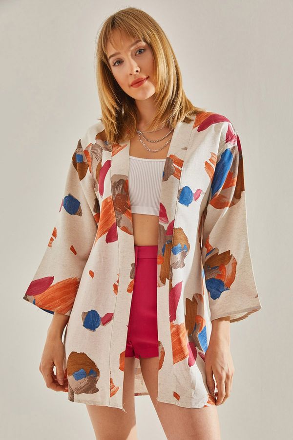 Bianco Lucci Bianco Lucci Women's Beige-Blue Multi Patterned Kimono Kimono