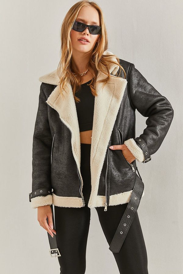 Bianco Lucci Bianco Lucci Women's Belted Laminated Suede Coat with Shearling Sleeves and Sheaths