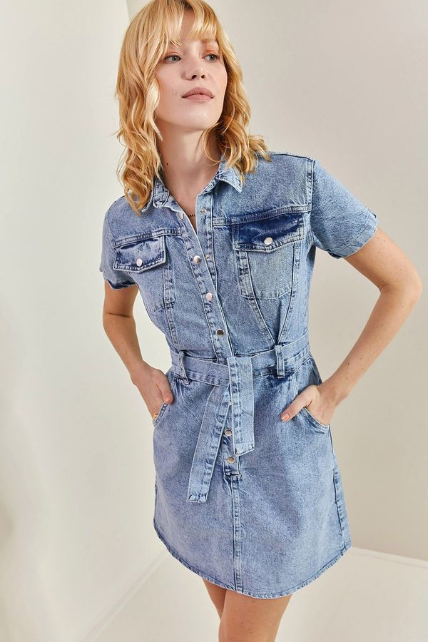 Bianco Lucci Bianco Lucci Women's Belted Snap Button Denim Dress