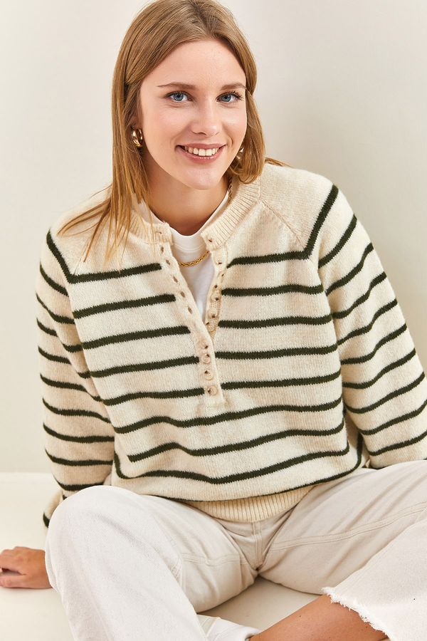 Bianco Lucci Bianco Lucci Women's Button-down Collar Turtleneck Striped Knitwear Sweater