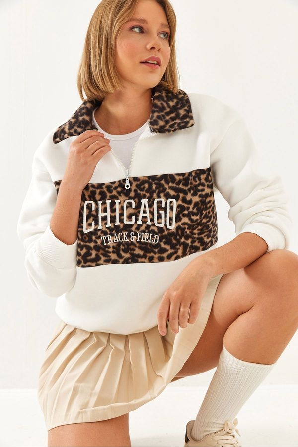 Bianco Lucci Bianco Lucci Women's Collar and Front Leopard Garnish Sweatshirt 6426