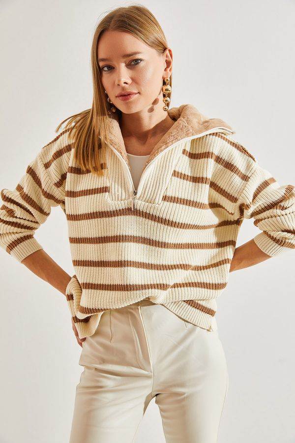 Bianco Lucci Bianco Lucci Women's Collar Shearling Striped Zippered Knitwear Sweater