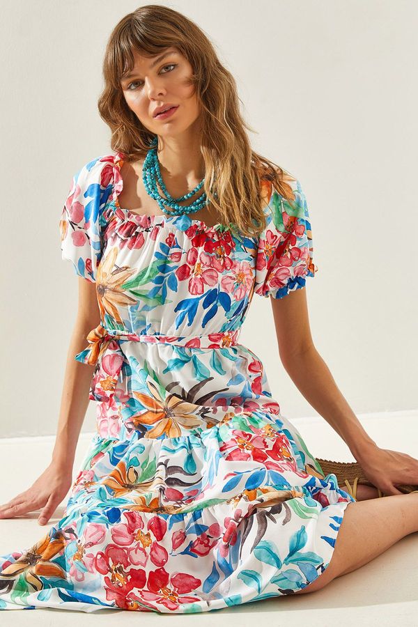 Bianco Lucci Bianco Lucci Women's Collar Sleeves Elastic Waist Floral Patterned Belted Dress 5934