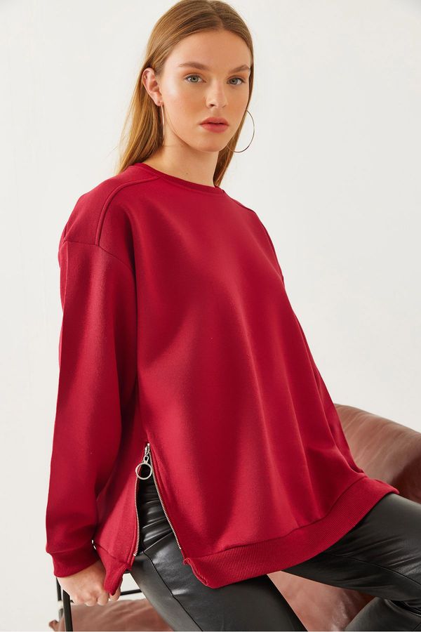 Bianco Lucci Bianco Lucci Women's Crew Neck Raised Zipper Detail Basic Sweatshirt