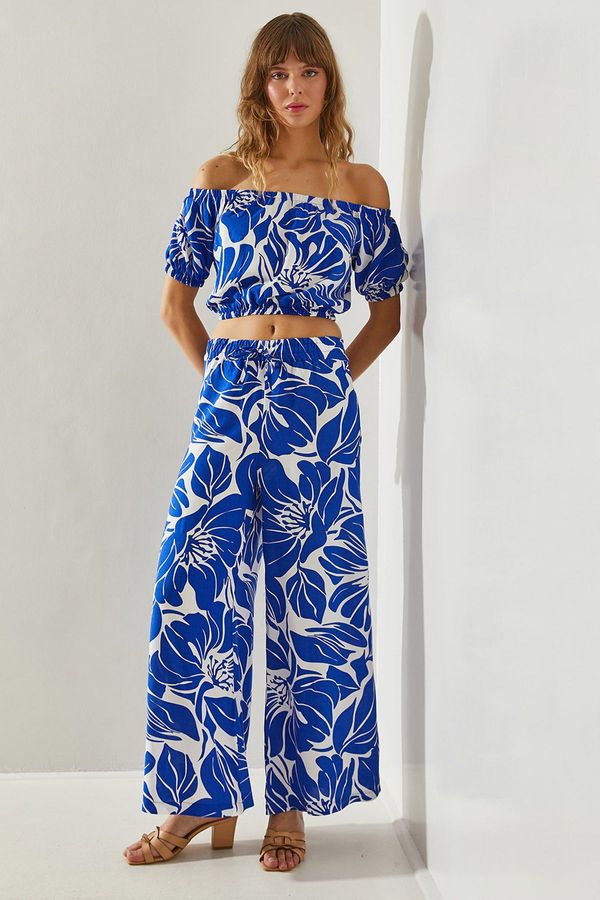 Bianco Lucci Bianco Lucci Women's Digital Printed Drawstring Elastic Detailed Viscose Bottom-Top Set