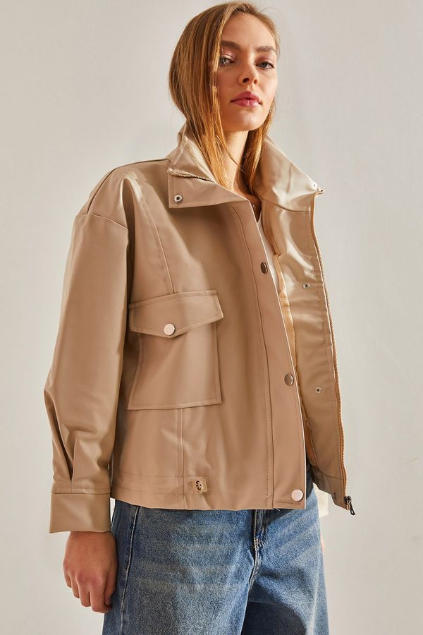 Bianco Lucci Bianco Lucci Women's Double Big Pocket Leather Jacket