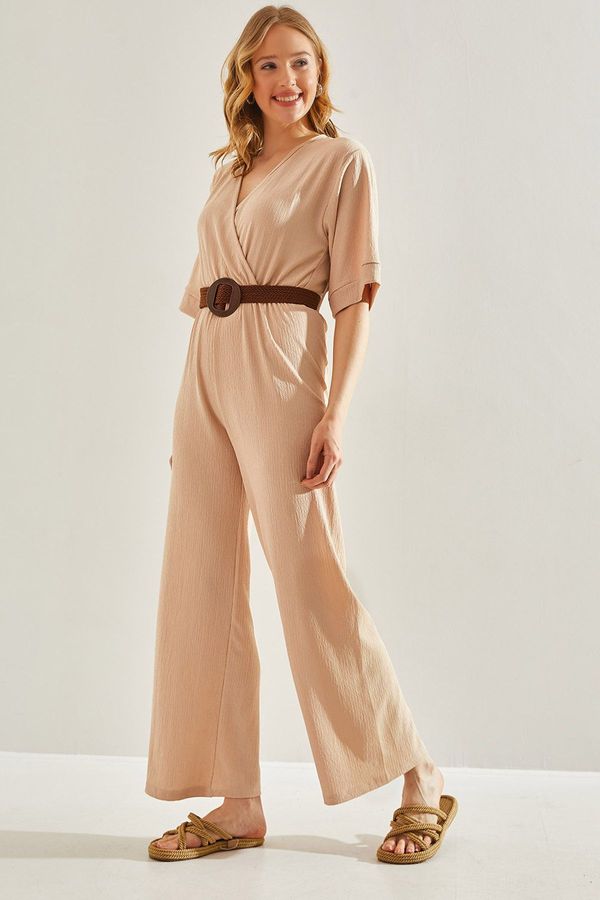 Bianco Lucci Bianco Lucci Women's Double Breasted Collar Belted Jumpsuit