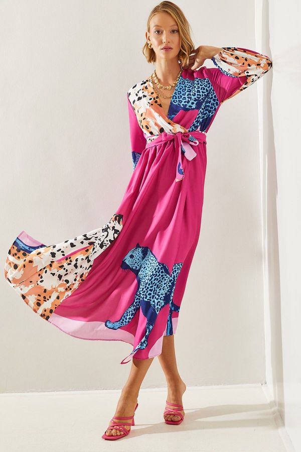 Bianco Lucci Bianco Lucci Women's Double Breasted Collar Figured Waist and Sleeve Elastic Slit Belted Dress 22245