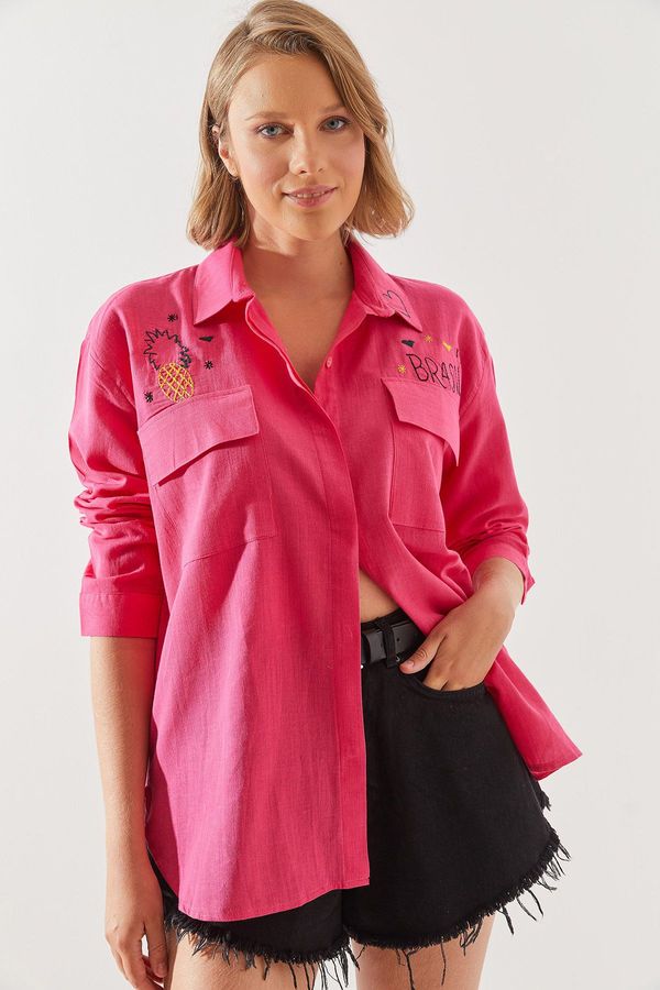 Bianco Lucci Bianco Lucci Women's Double Pocket Embroidered Linen Basic Shirt