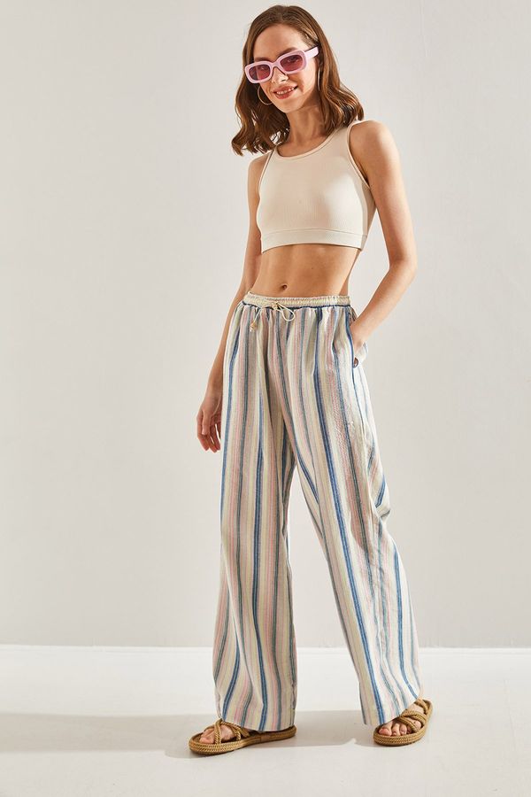 Bianco Lucci Bianco Lucci Women's Elastic Waist Laced Multi Striped Trousers