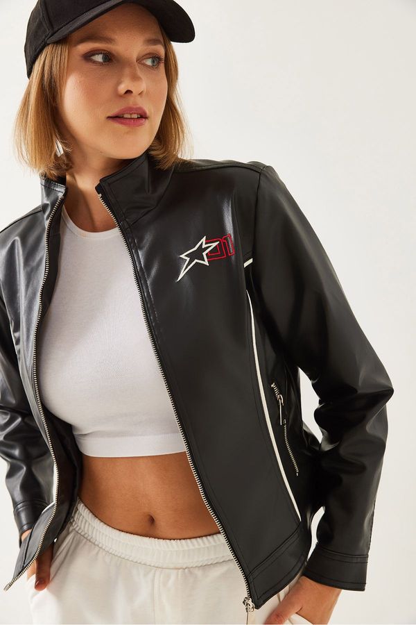 Bianco Lucci Bianco Lucci Women's Embroidered Zippered Leather Coat 1041