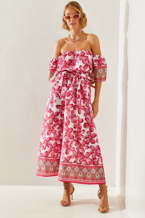 Bianco Lucci Bianco Lucci Women's Floral Patterned Belt Detailed Midi Length Dress 22252