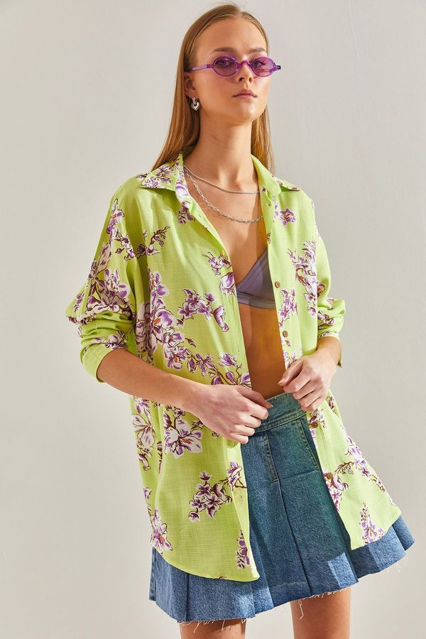 Bianco Lucci Bianco Lucci Women's Floral Patterned Casual Linen Shirt